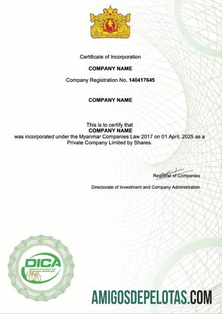 Berkualitas Myanmar sertifikat of incorporation Word and PDF templat