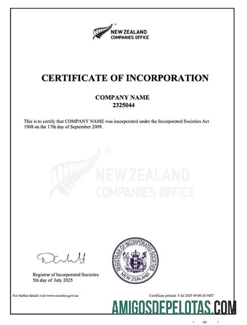 Dapat Diedit Selandia Baru sertifikat of incorporation Word and PDF templat