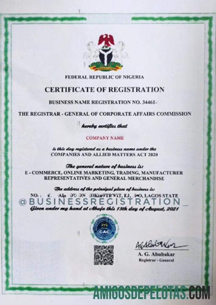 Nigeria sertifikat of pendaftaran sampel