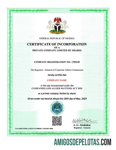 Realistis Nigeria sertifikat of incorporation Word and PDF templat