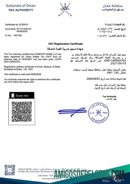 Realistis Oman VAT pendaftaran sertifikat Word and PDF templat
