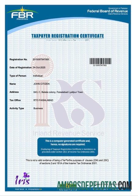Dapat Diedit Pakistan taxpayer pendaftaran sertifikat Word and PDF templat