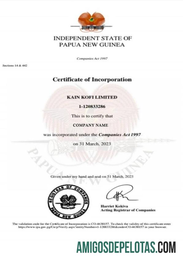 Papua Nugini sertifikat of Incorporation templat