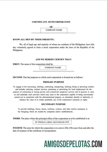 Premium Filipina Batangas sertifikat of incorporation Word and PDF templat