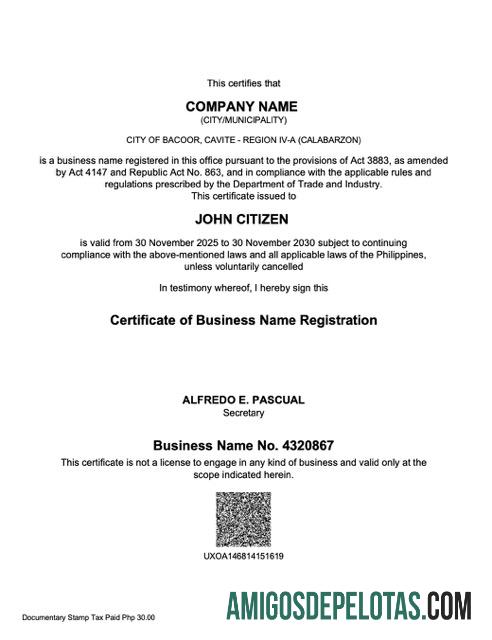 Profesional Filipina sertifikat of bisnis name pendaftaran Word and PDF templat