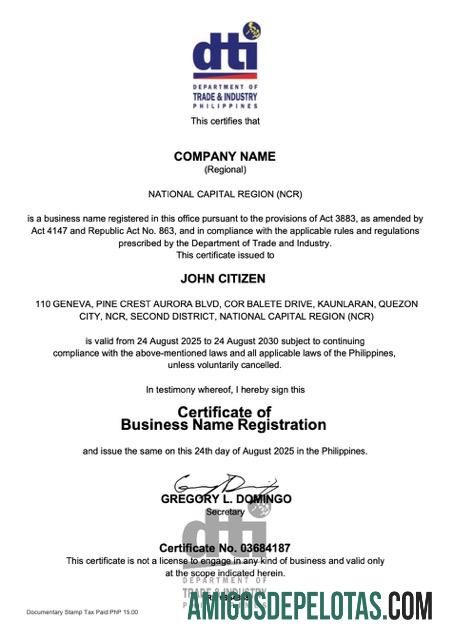 Filipina sertifikat of bisnis name pendaftaran Word and PDF versi 2 sampel