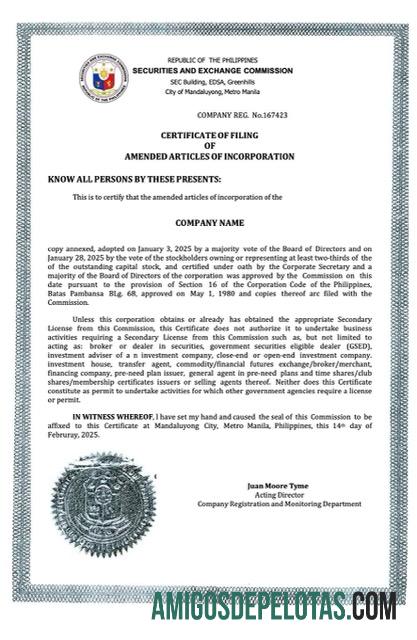 Dapat Diedit Filipina sertifikat of Perusahaan incorporation Word and PDF templat, versi 2
