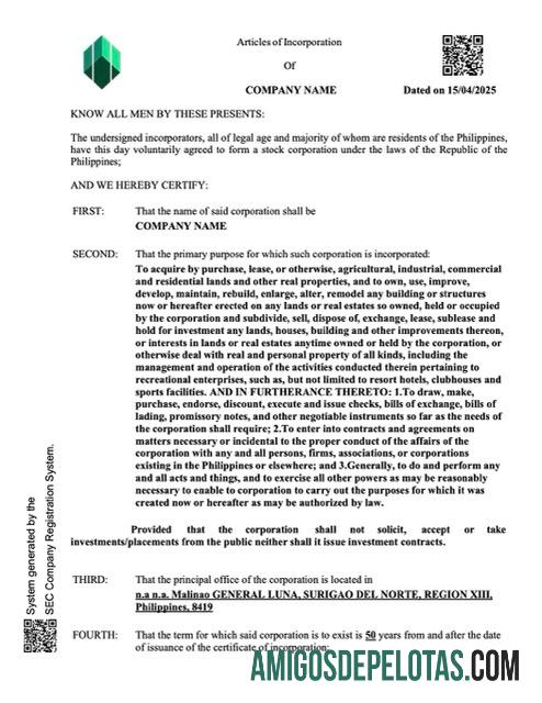 Dapat Diedit Filipina sertifikat of Perusahaan incorporation Word and PDF templat