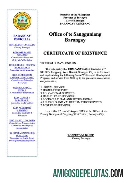 Berkualitas Filipina sertifikat of existence Word and PDF templat