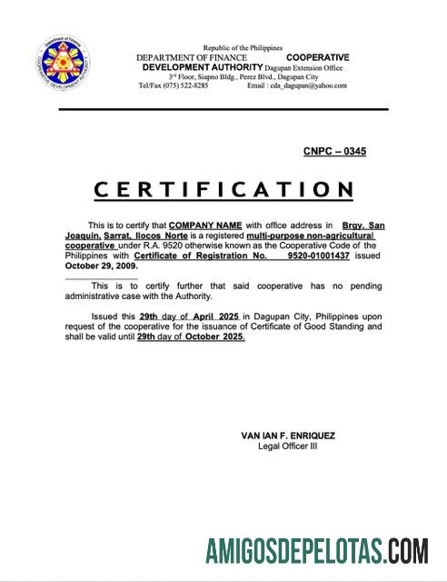 Realistis Filipina sertifikat of good standing Word and PDF templat, versi 3