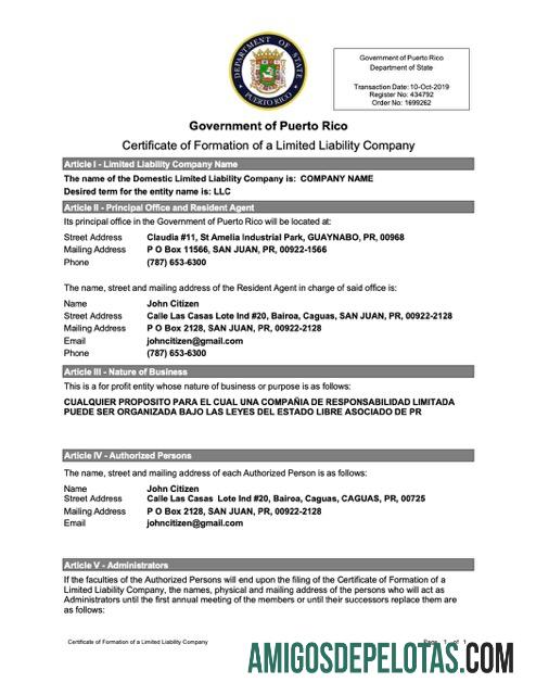 Berkualitas Puerto Riko sertifikat of formation of a limited liability Perusahaan Word and PDF templat, versi 2