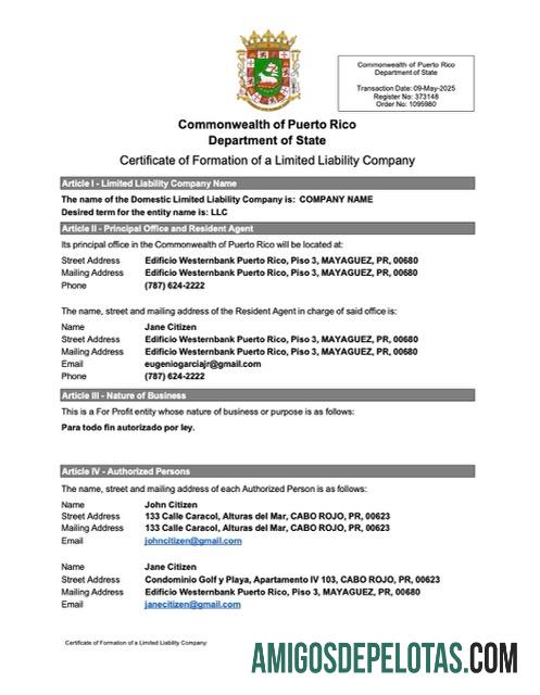 Realistis Puerto Riko sertifikat of formation of a limited liability Perusahaan Word and PDF templat