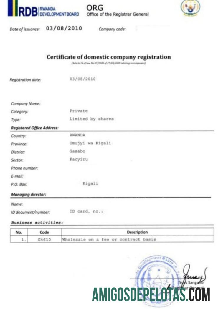Rwanda sertifikat of domestic Perusahaan pendaftaran sampel