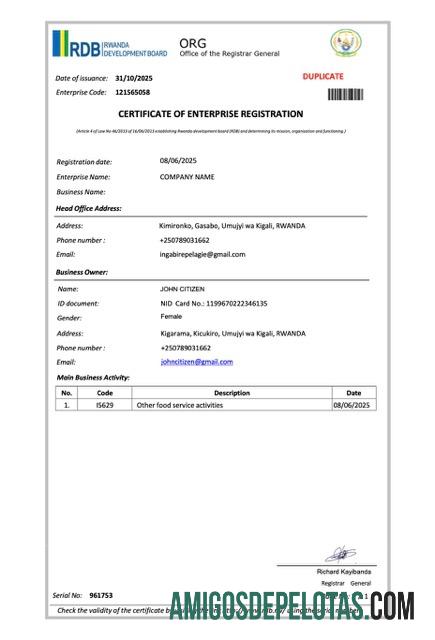 Realistis Rwanda sertifikat of enterprise pendaftaran Word and PDF templat, versi 2