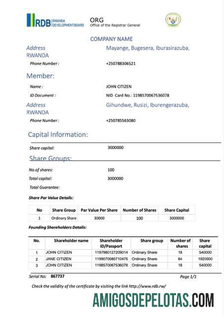 Profesional Rwanda sertifikat of pendaftaran Word and PDF templat