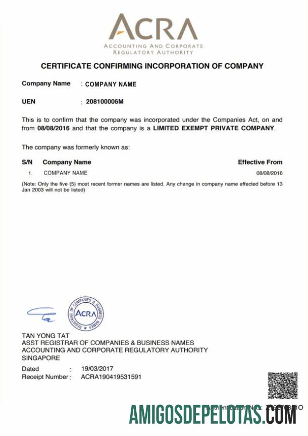 Singapura sertifikat of Incorporation makering