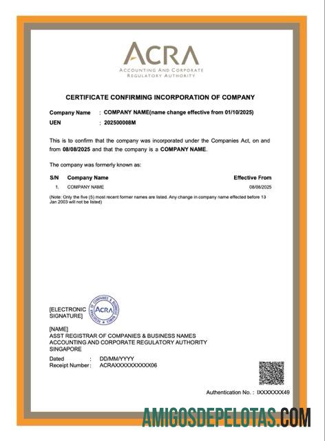 Realistis Singapura sertifikat confirming incorporation of Perusahaan Word and PDF templat