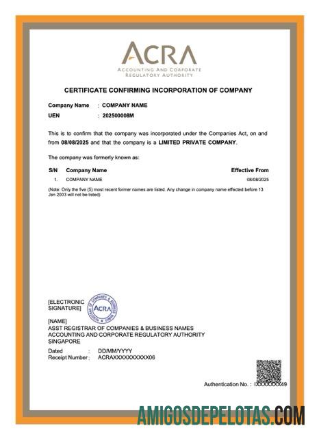 Realistis Singapura sertifikat of Perusahaan incorporation Word and PDF templat