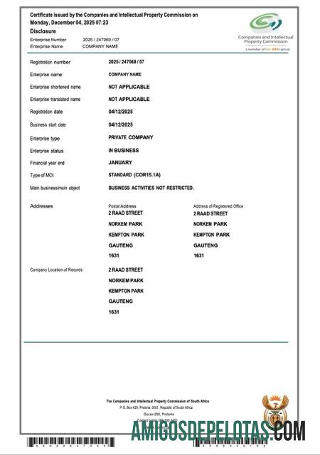 Berkualitas Afrika Selatan sertifikat of Perusahaan pendaftaran Word and PDF templat, versi 2