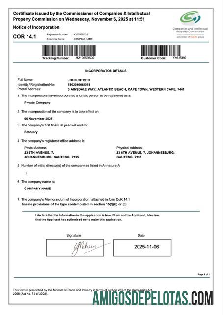 Berkualitas Afrika Selatan sertifikat of incorporation Word and PDF templat