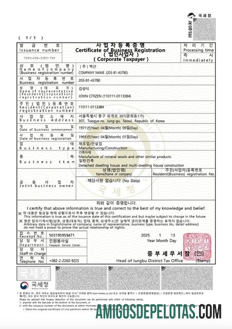 Berkualitas Korea Selatan sertifikat of bisnis pendaftaran Word and PDF templat