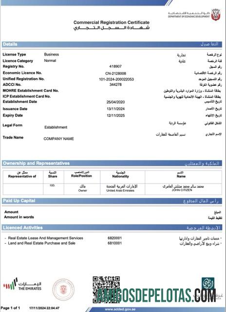 Berkualitas UEA Abu Dhabi komersial pendaftaran sertifikat Word and PDF templat