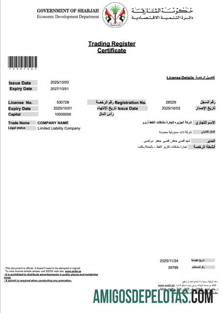 Premium UEA Sharjah trading lisensi sertifikat Word and PDF templat