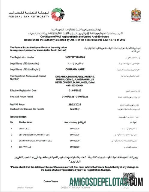 Profesional UEA sertifikat of VAT pendaftaran Word and PDF templat