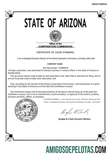 Profesional AS Arizona sertifikat of good standing Word and PDF templat, versi 2