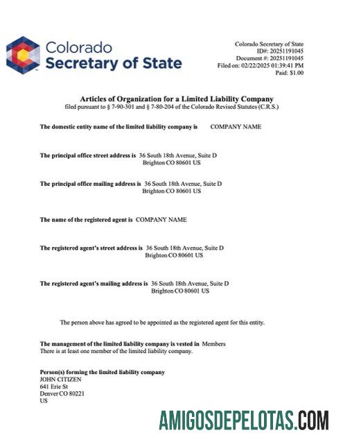 Premium AS Colorado articles of organization Word and PDF templat, versi 2