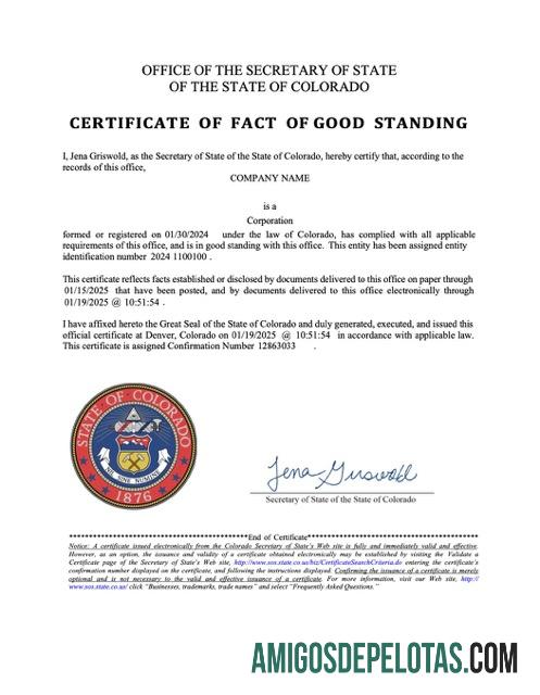 Berkualitas AS Colorado sertifikat of fact of good standing Word and PDF templat