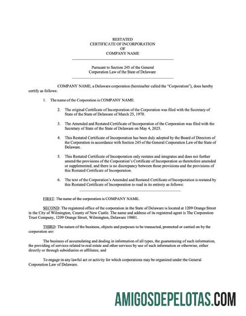 Berkualitas AS Delaware sertifikat of incorporation Word and PDF templat, versi 3