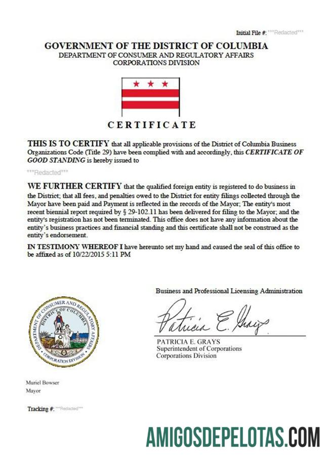 AS District of Columbia sertifikat of good standing sampel