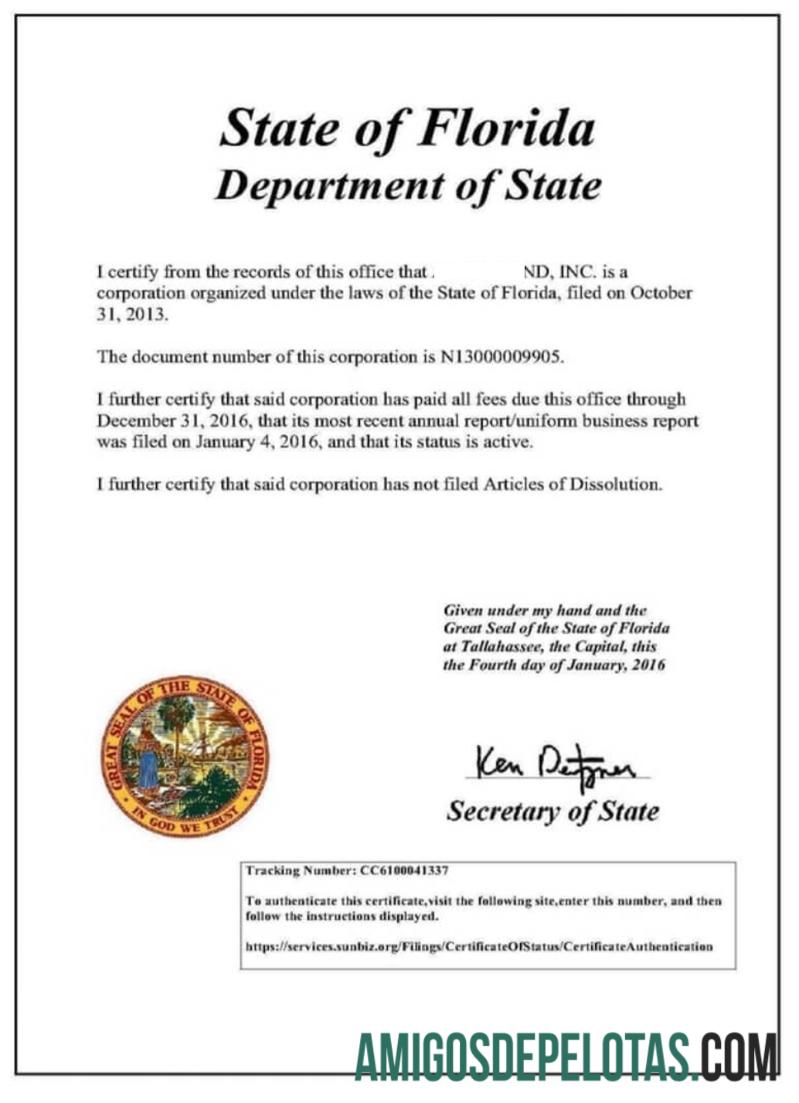 AS Florida sertifikat of good standing pratinjau
