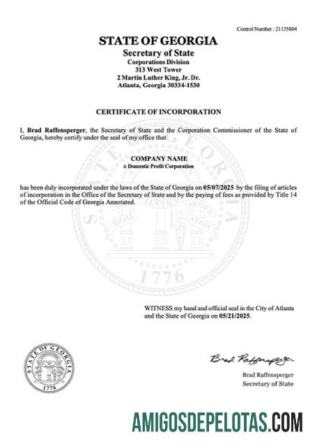 Dapat Diedit AS Georgia sertifikat of incorporation Word and PDF templat