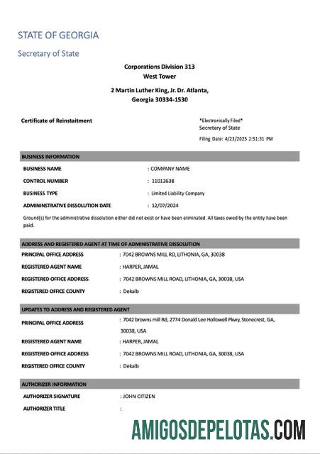 Realistis AS Georgia sertifikat of reinstatement Word and PDF templat, versi 2