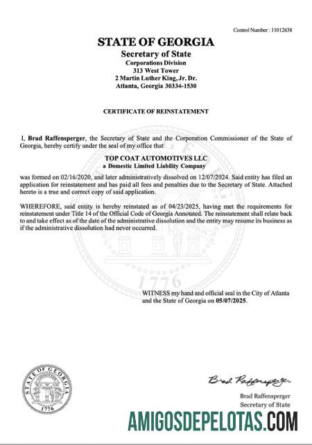Dapat Diedit AS Georgia sertifikat of reinstatement Word and PDF templat