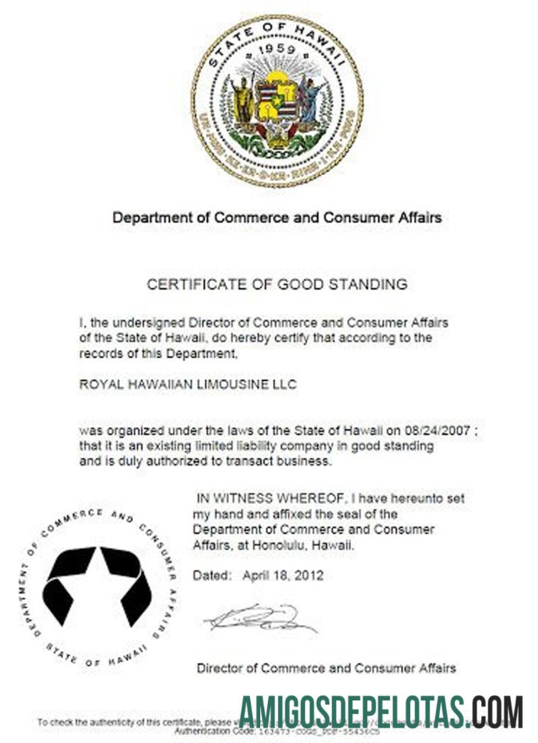 AS Hawaii sertifikat of good standing desain