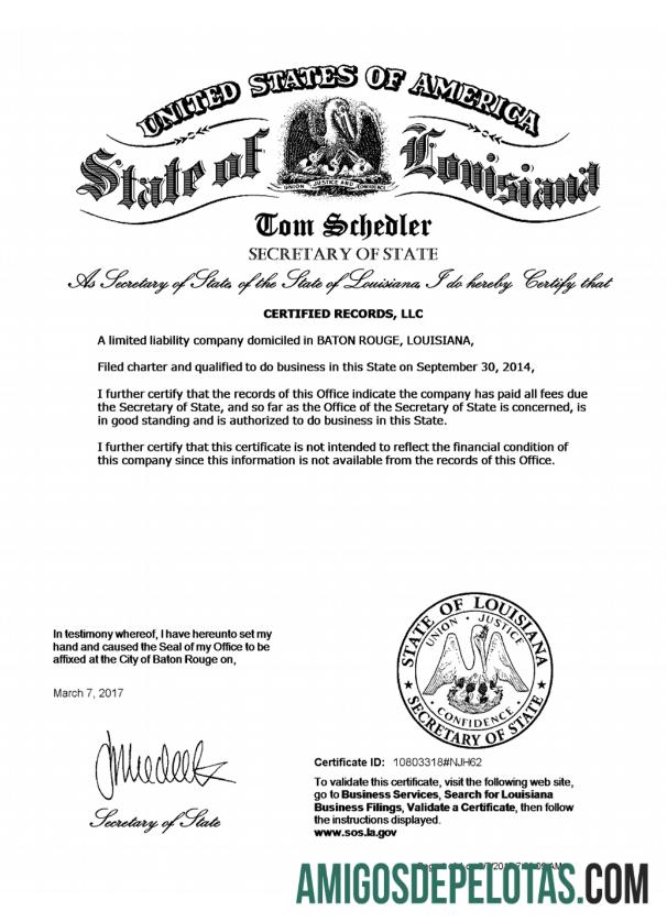 AS Louisiana sertifikat of good standing templat