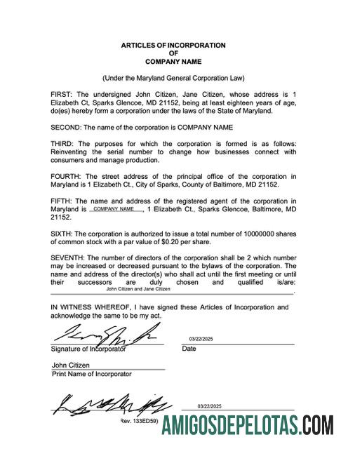 Premium AS Maryland articles of incorporation Word and PDF templat