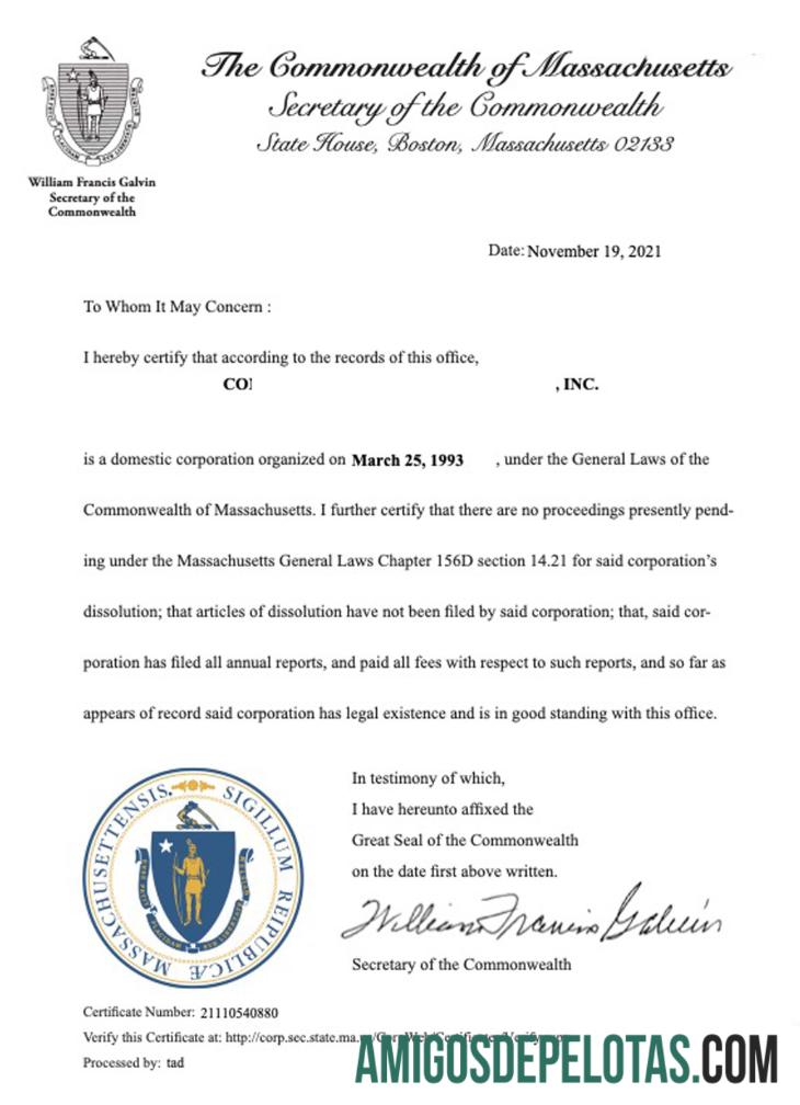 AS Massachusetts sertifikat of good standing makering