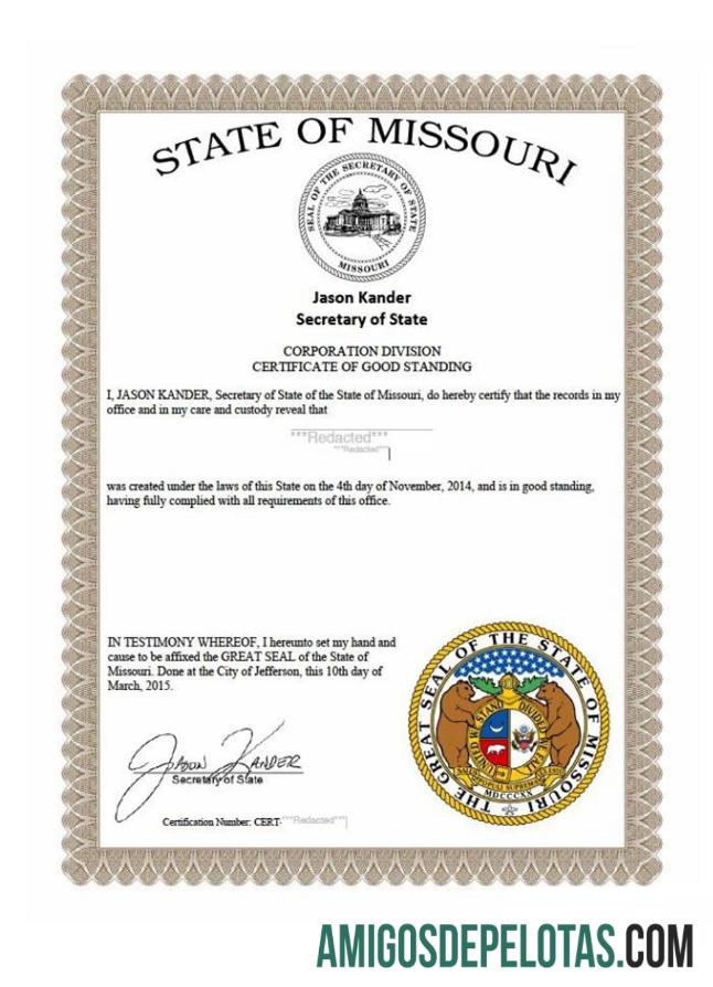 AS Missouri sertifikat of good standing makering