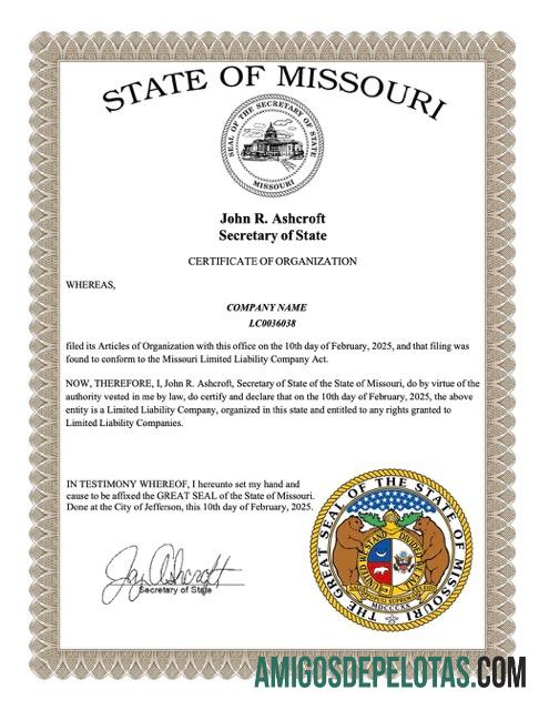Realistis AS Missouri sertifikat of organization Word and PDF templat