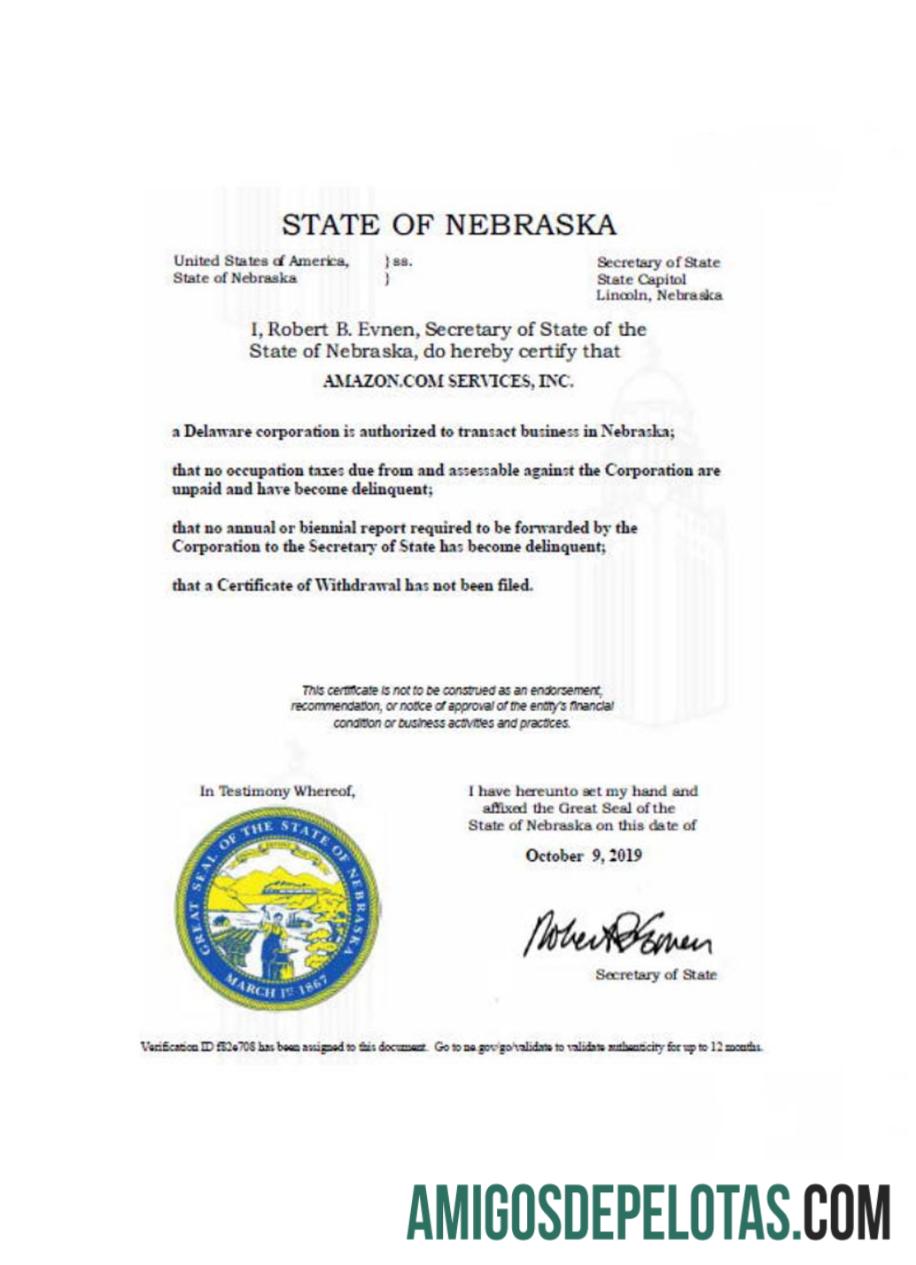 AS Nebraska sertifikat of good standing sampel
