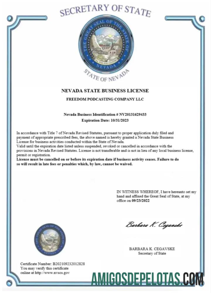 Realistis AS Nevada State sertifikat of bisnis lisensi Word and PDF templat