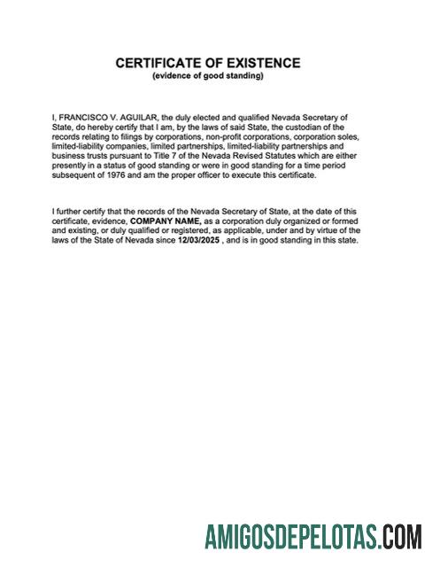 Dapat Diedit AS Nevada sertifikat of existence Word and PDF templat