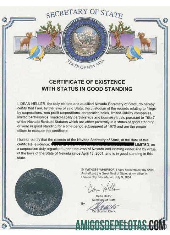 AS Nevada sertifikat of good standing pratinjau