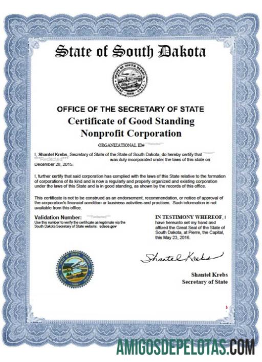 AS South Dakota sertifikat of good standing makering