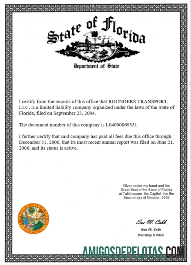 Dapat Diedit AS State of Florida sertifikat of bisnis lisensi Word and PDF templat