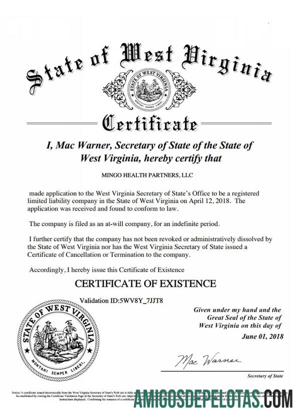 AS West Virginia sertifikat of good standing makering